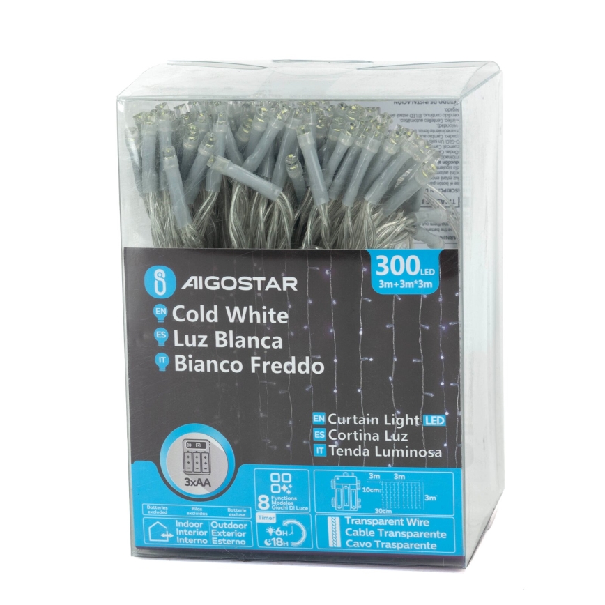 Aigostar - LED Catena luminosa natalizia da esterno 300xLED/8 funzioni 3xAA 6x2m IP44 bianco freddo