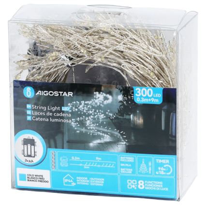Aigostar - LED Catena luminosa natalizia per esterni 300xLED/8 funzioni 3xAA 9,3m IP44 bianco freddo