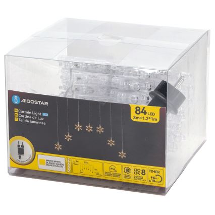 Aigostar - Catena luminosa natalizia LED da esterno 84xLED/8 funzioni 1,2x1m IP44 bianco caldo con fiocchi