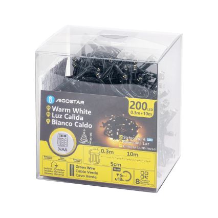Aigostar - Catena luminosa LED da esterno, 200 LED, 8 funzioni, 3xAA, 10,3 m, IP44, bianco caldo