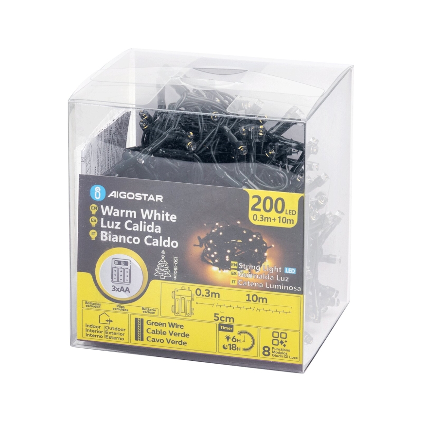 Aigostar - Catena luminosa LED da esterno, 200 LED, 8 funzioni, 3xAA, 10,3 m, IP44, bianco caldo