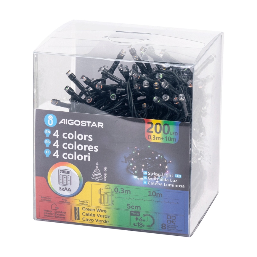 Aigostar -LED catena luminosa per esterni 200xLED/8 funzioni 3xAA 10,3m IP44 multicolore