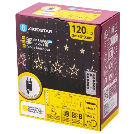 Aigostar - Catena luminosa natalizia LED da esterno 120 LED/8 funzioni 3x0,6 m IP44 bianco caldo + telecomando
