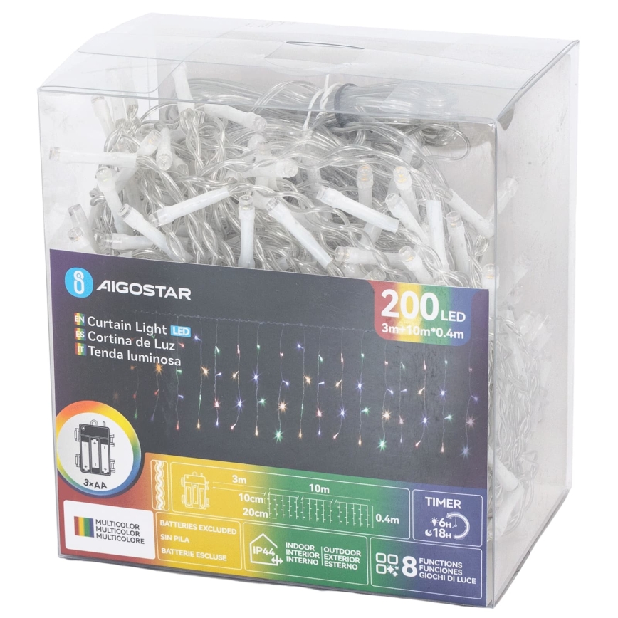 Aigostar - Catena luminosa natalizia LED da esterno 200xLED/8 funzioni 3xAA 13x0,4m IP44 multicolore