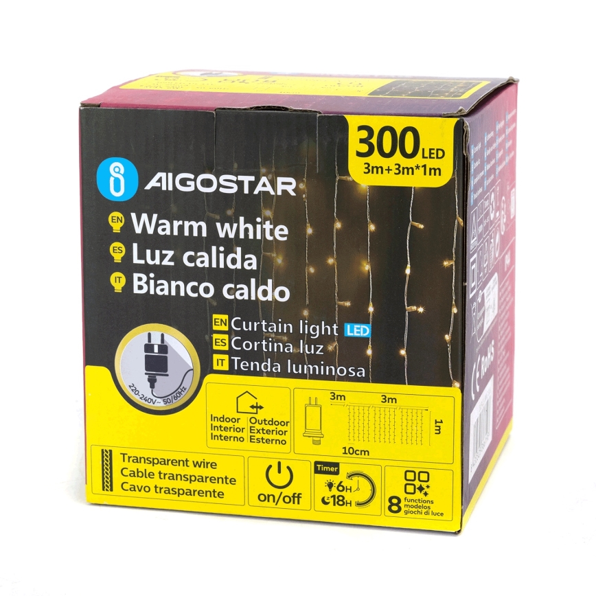 Aigostar - LED Catena luminosa natalizia per esterni 300xLED/8 funzioni 3x1m IP44 bianco caldo + telecomando