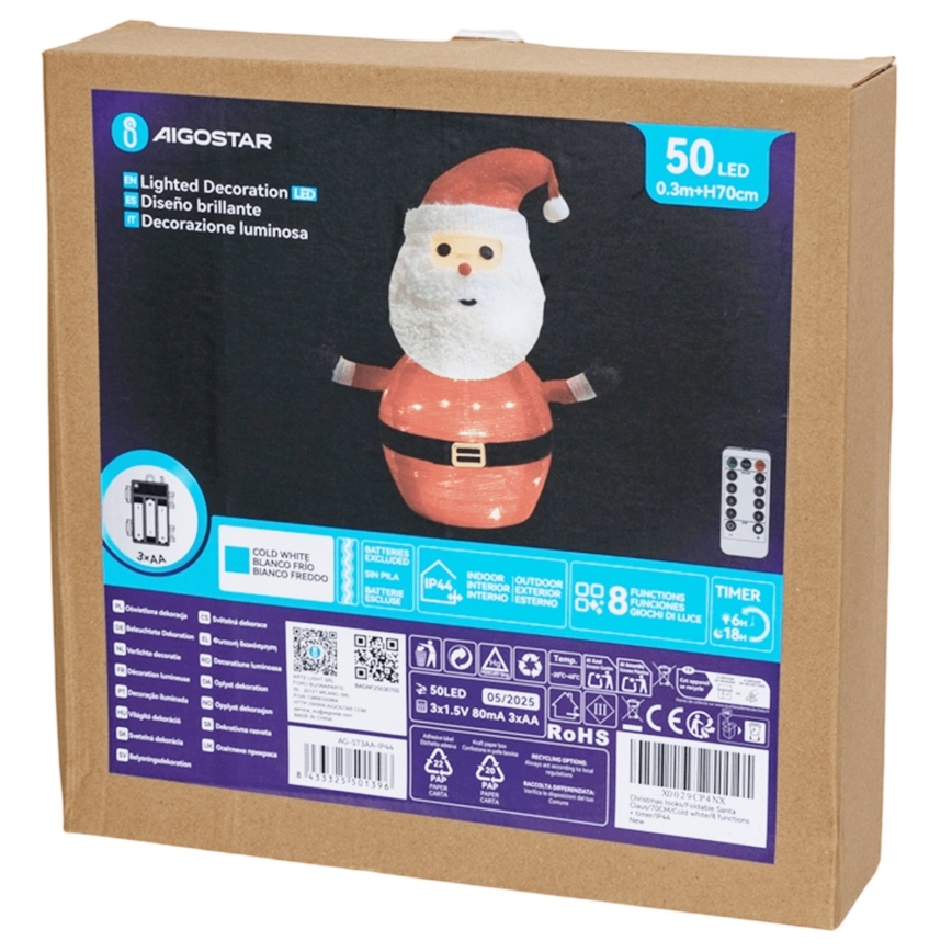 Aigostar - LED decorazione natalizia per esterni 50xLED/3xAA 0,7m IP44 luce fredda Santa Claus