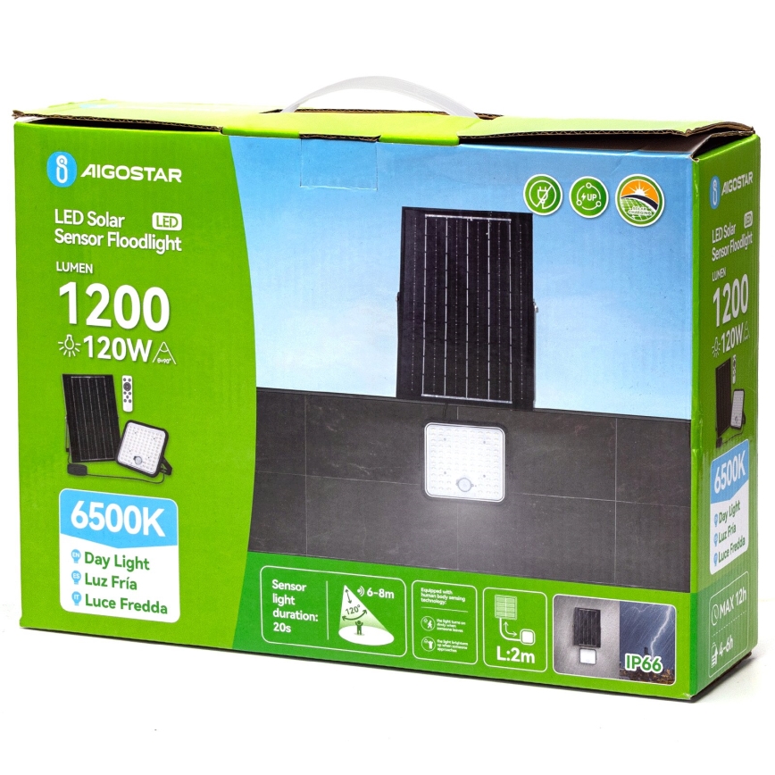 Aigostar - LED Faro solare dimmerabile con sensore LED/120W/3,4V 6500K IP66 + telecomando