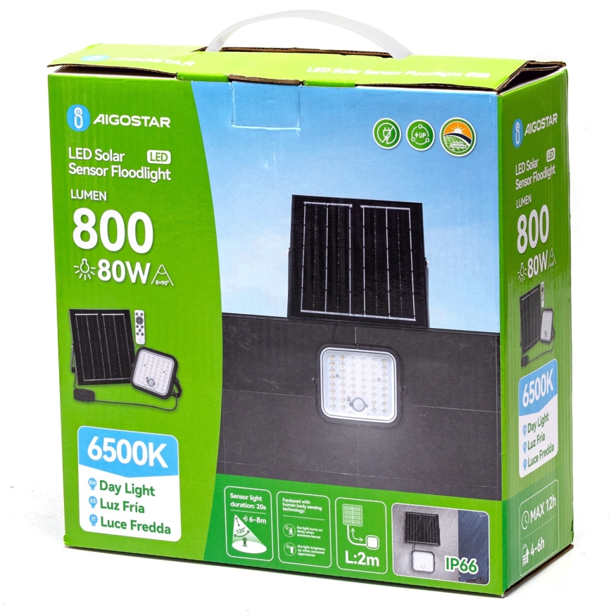 Aigostar - LED Faro solare dimmerabile con sensore LED/80W/3,4V 6500K IP66 + telecomando