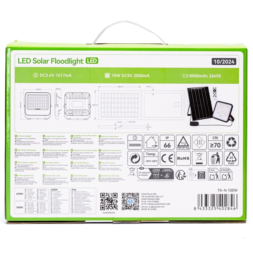 Aigostar - LED Faro solare dimmerabile LED/100W/3,4V 3000/4000/6500K IP66 + telecomando