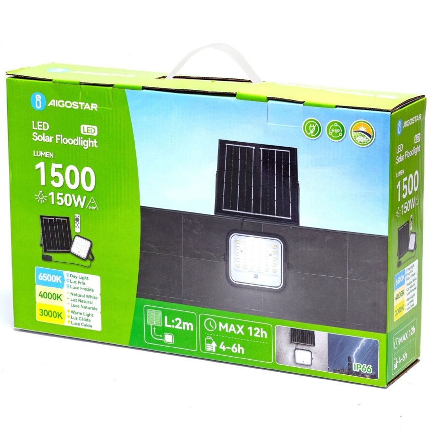 Aigostar - LED Faro solare dimmerabile LED/150W/3,4V 3000/4000/6500K IP66 + telecomando