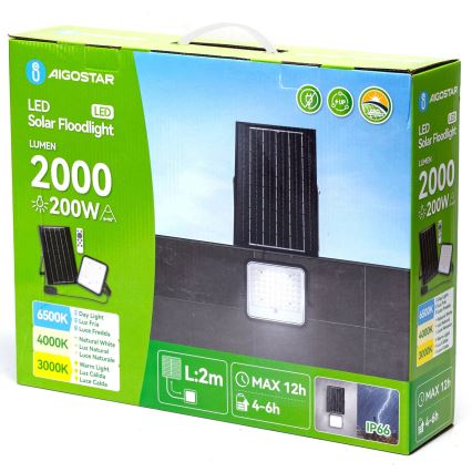 Aigostar - LED Faro solare dimmerabile LED/200W/3,4V 3000/4000/6500K IP66 + telecomando