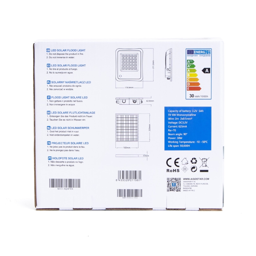 Aigostar - LED Faro solare dimmerabile LED/30W/3,2V 20000 mAh IP67 + +TC