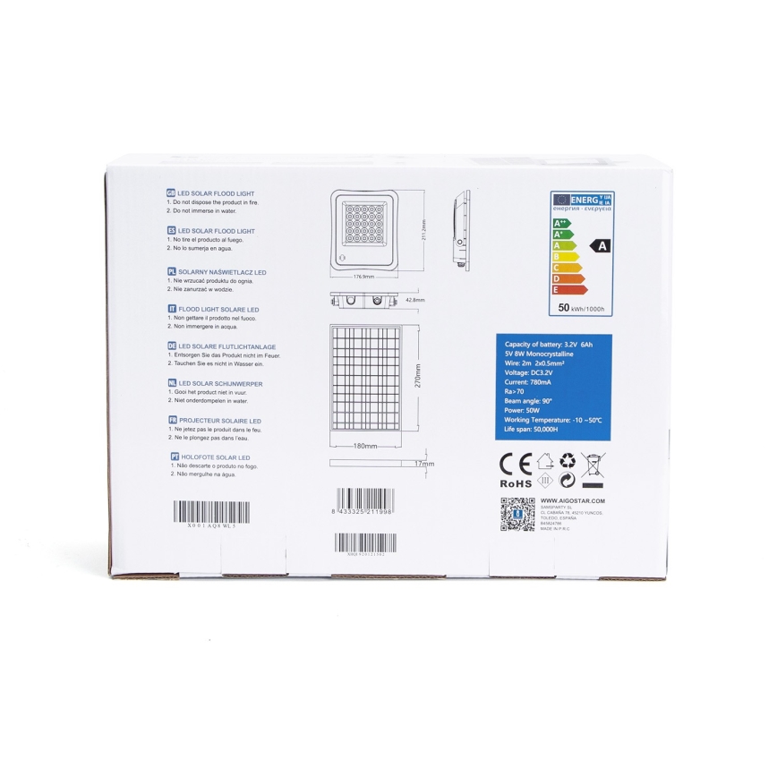 Aigostar - LED Faro solare dimmerabile LED/50W/3,2V IP65 6000 mAh + +TC