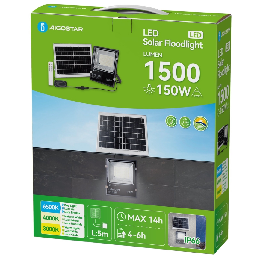 Aigostar - Proiettore solare LED/150W/3,2V 3000mAh 3000K/4000K/6500K IP66 + telecomando