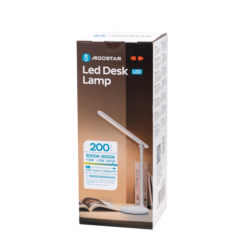 Aigostar - LED Lampada da tavolo touch ricaricabile e dimmerabile LED/3W/5V 2700/4000/6500K 1800 mAh