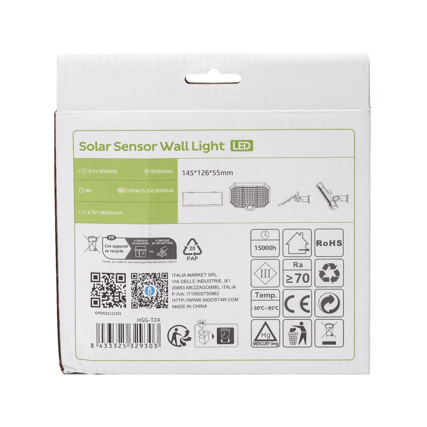 Aigostar - LED Luce solare con sensore di movimento LED/2,4W/3,7V IP65