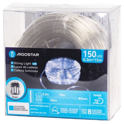 Aigostar - Catena natalizia LED da esterno 150xLED/8 funzioni 3xAA 15,3m IP44 bianco freddo