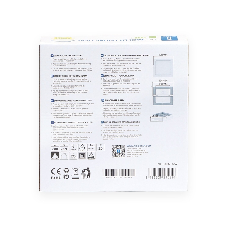 Aigostar - LED Plafoniera LED/12W/230V 17,3x17,3 cm 3000K bianco