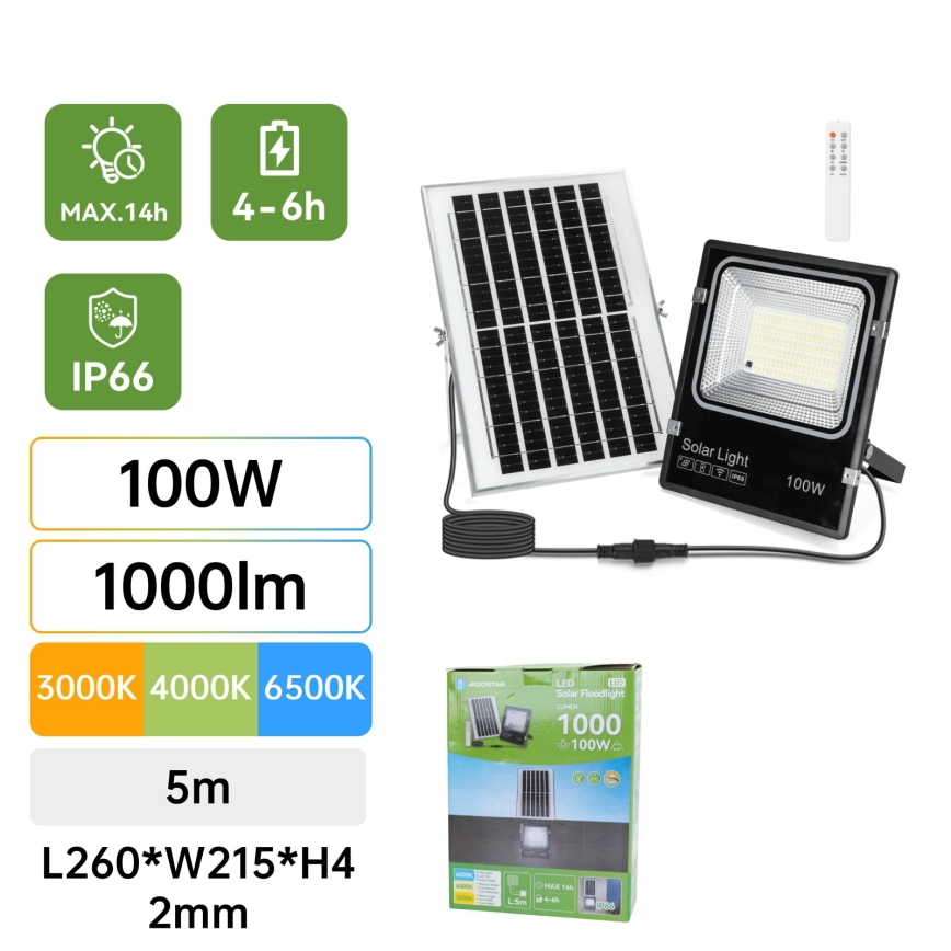 Aigostar - Proiettore solare LED/100W/3,2V 2000mAh 3000K/4000K/6500K IP66 + telecomando