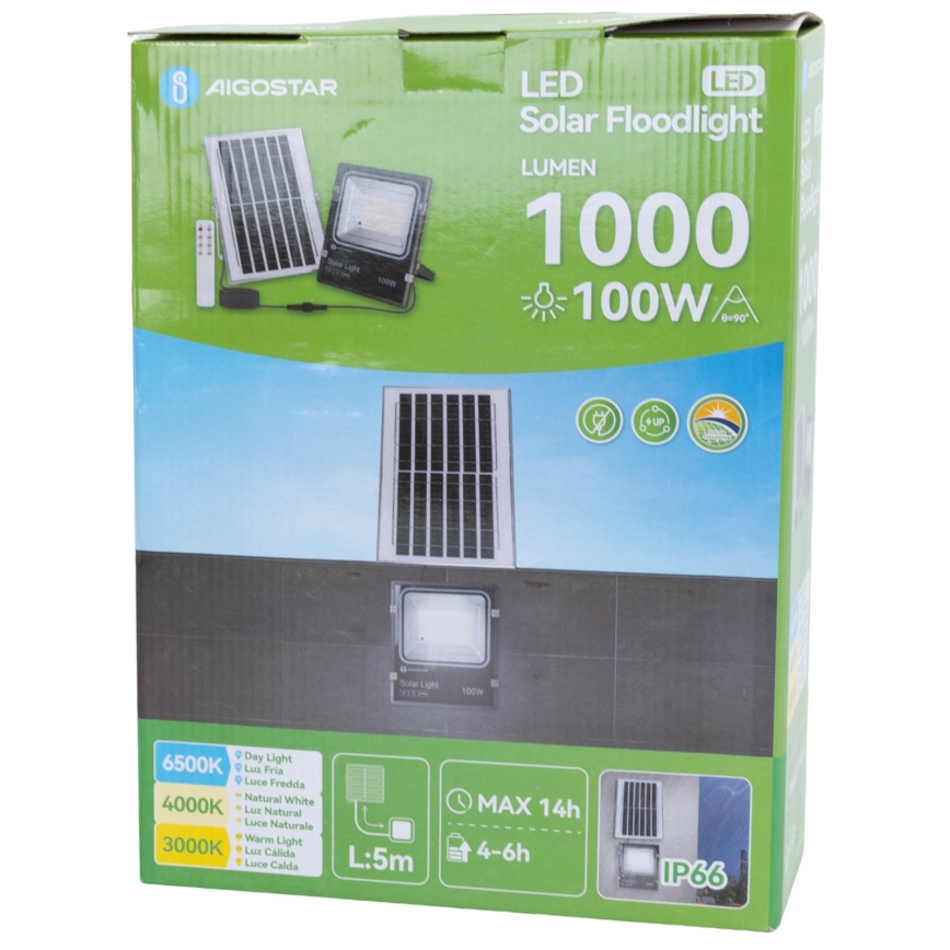 Aigostar - Proiettore solare LED/100W/3,2V 2000mAh 3000K/4000K/6500K IP66 + telecomando