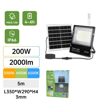 Aigostar - Faro solare a LED/200W/3,2V 3600mAh 3000K/4000K/6500K IP66 + telecomando