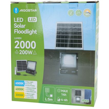 Aigostar - Faro solare a LED/200W/3,2V 3600mAh 3000K/4000K/6500K IP66 + telecomando