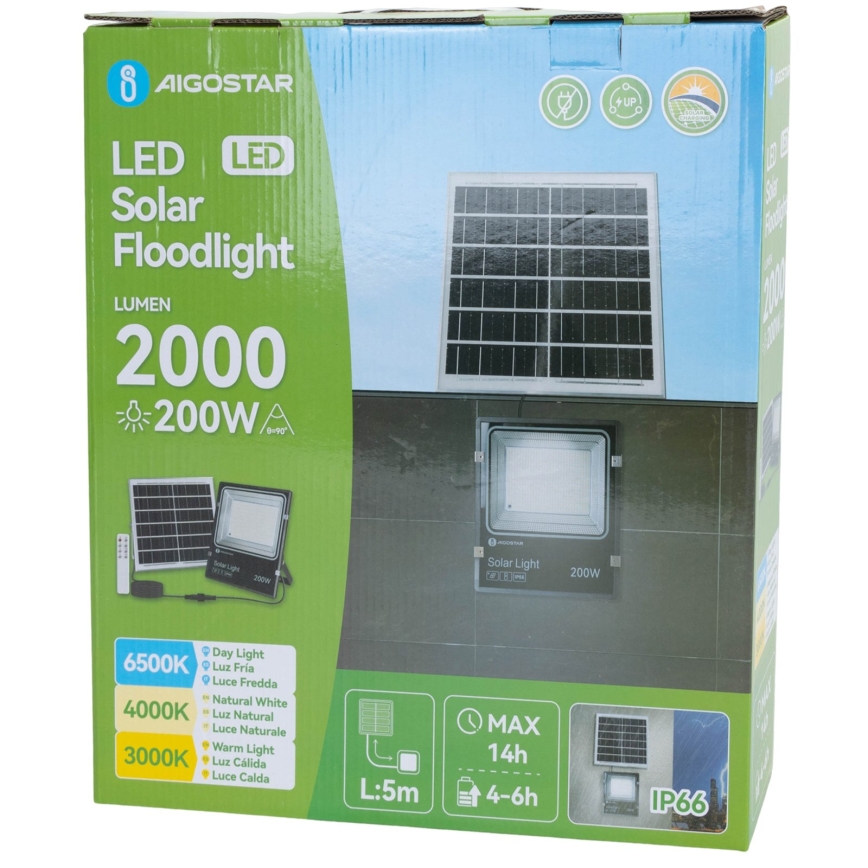 Aigostar - Faro solare a LED/200W/3,2V 3600mAh 3000K/4000K/6500K IP66 + telecomando