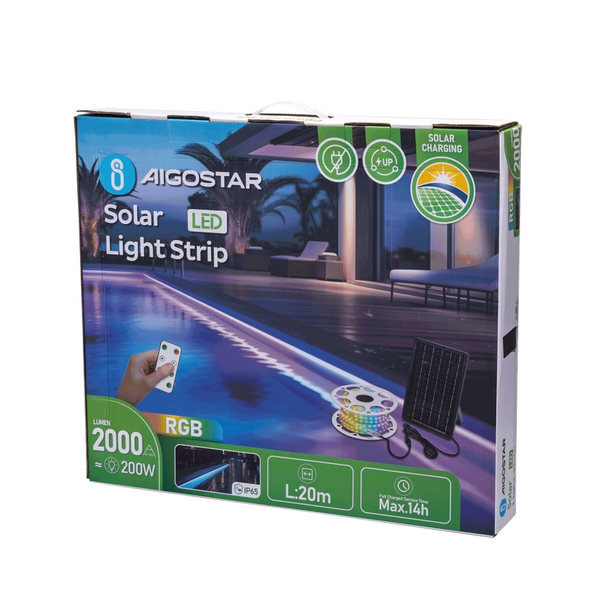 Aigostar - LED RGB Striscia solare dimmerabile LED/20W/3,2V 20 m IP65 20000 mAh + telecomando