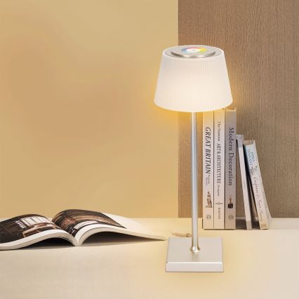 Aigostar - LED RGBW Lampada da tavolo ricaricabile dimmerabile per esterni LED/4W/5V 3600mAh bianco/cromo opaco IP54