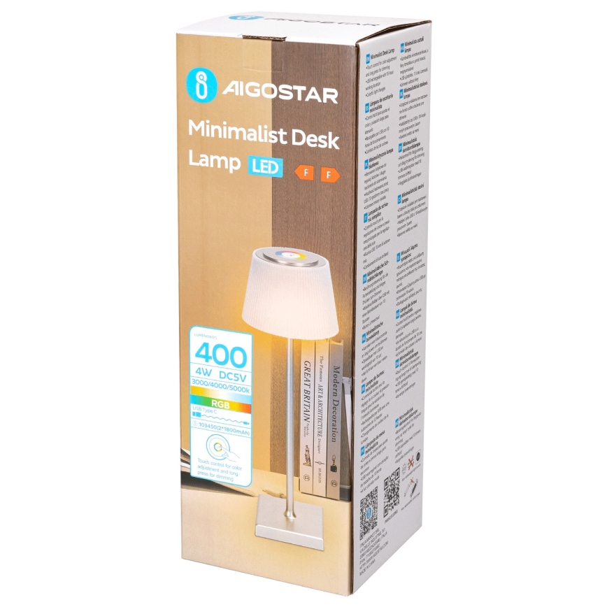 Aigostar - LED RGBW Lampada da tavolo ricaricabile dimmerabile per esterni LED/4W/5V 3600mAh bianco/cromo opaco IP54