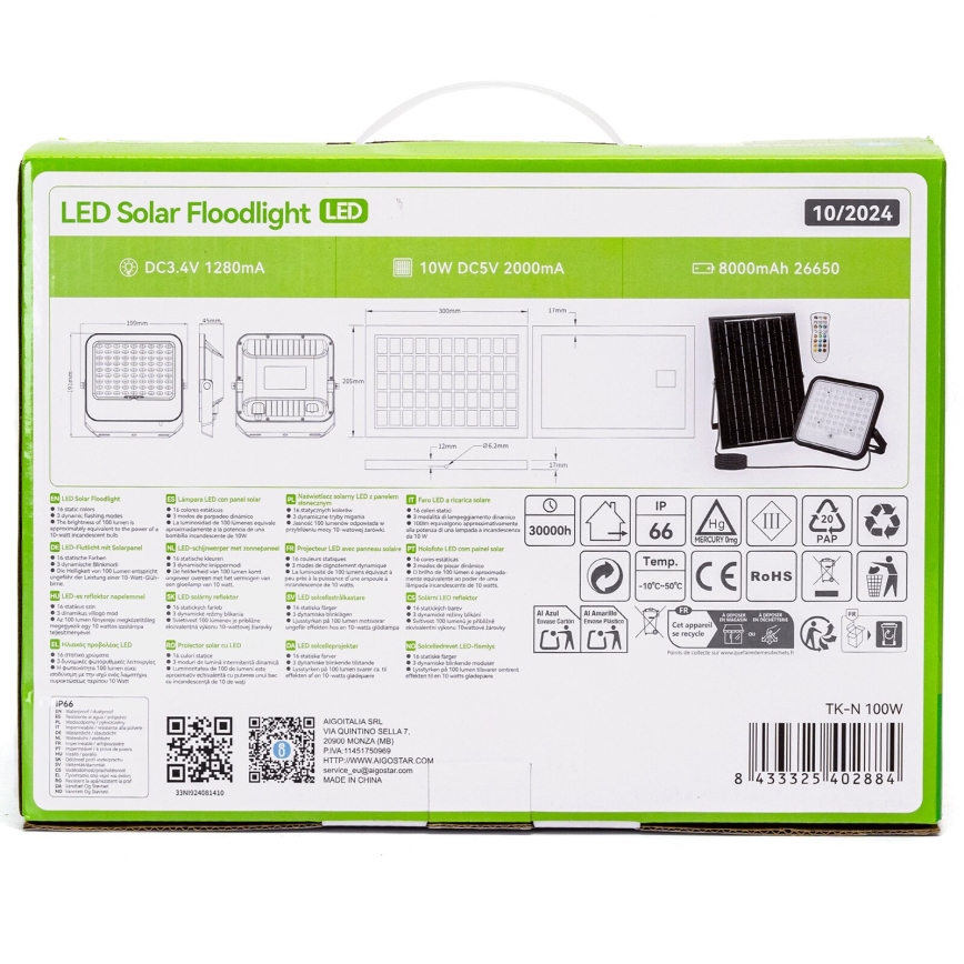 Aigostar - LED RGBW Faro solare dimmerabile LED/100W/3,4V IP66 + telecomando