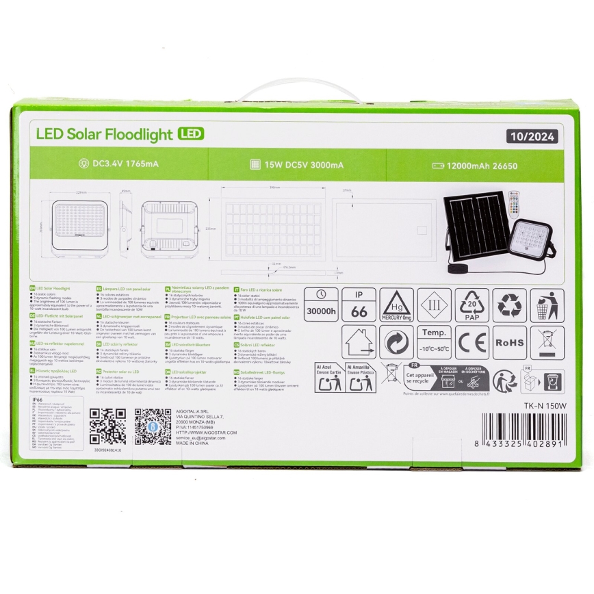 Aigostar - LED RGBW Faro solare dimmerabile LED/150W/3,4V IP66 + telecomando