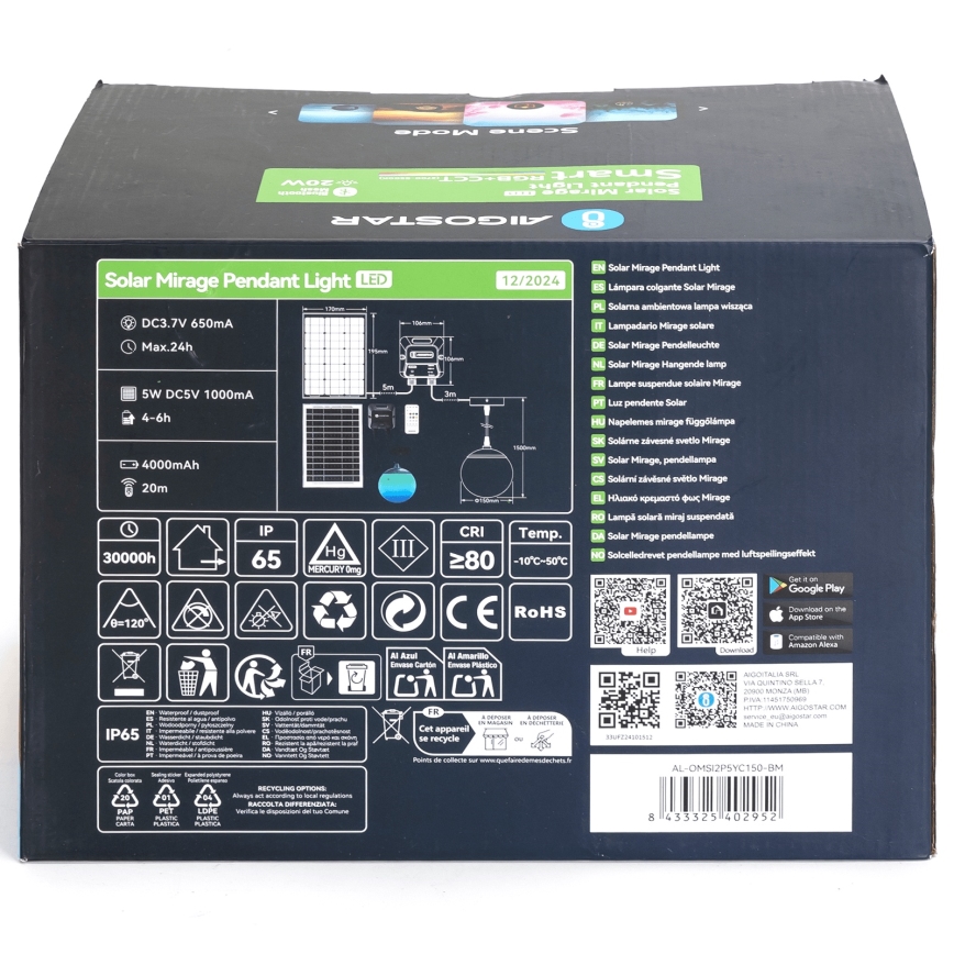 Aigostar - Lampada solare a sospensione LED RGBW dimmerabile MESH LED/20W/3,7V 4000 mAh 2700K-6500K IP65 Ø 15 cm