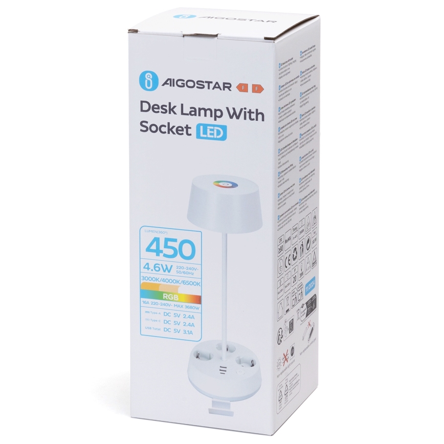 Aigostar - Lampada da tavolo dimmerabile LED RGBW con prese e USB LED/4,6W/230V 3000/4000/6500K bianco
