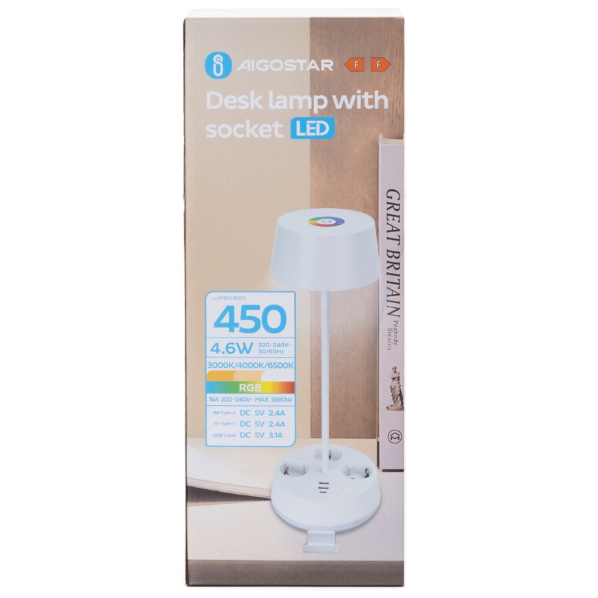 Aigostar - Lampada da tavolo dimmerabile LED RGBW con prese e USB LED/4,6W/230V 3000/4000/6500K bianco