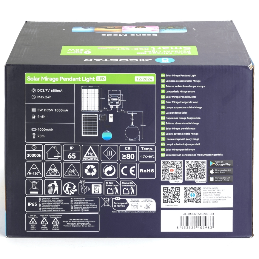 Aigostar - Lampadario solare dimmerabile LED RGBW MESH LED/20W/3,7V 4000 mAh 2700K-6500K IP65 d. 20 cm