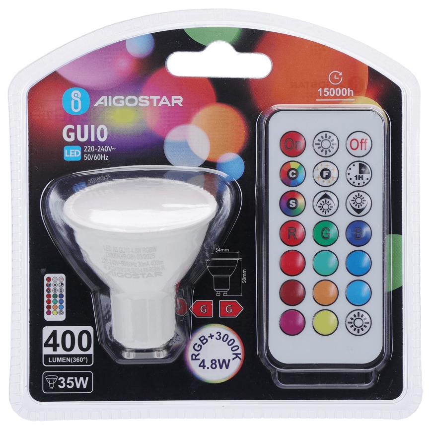 Aigostar - Lampadina LED RGBW dimmerabile GU10/4,8W/230V 3000K + telecomando