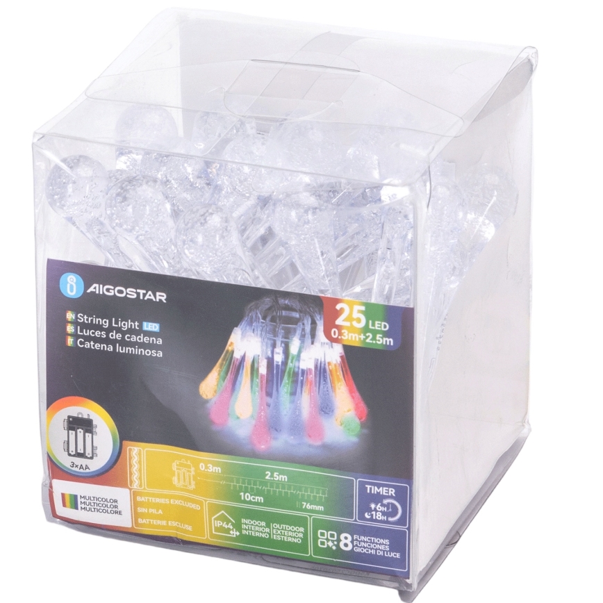 Aigostar - Catena natalizia LED da esterno 25xLED/8 funzioni 3xAA 2,5m IP44 gocce multicolore