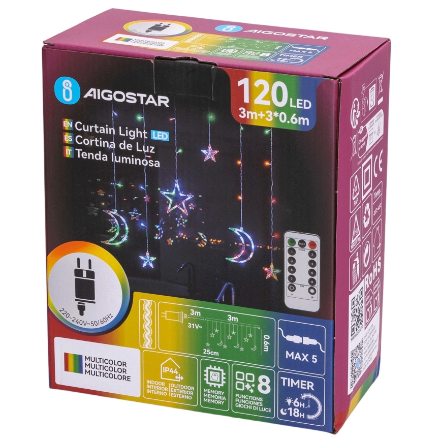 Aigostar - LED RGBY Catena luminosa natalizia da esterno 120xLED/8 funzioni 3x0,6m IP44 multicolore + telecomando