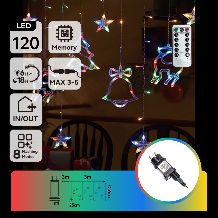 Aigostar - LED RGBY Catena luminosa natalizia per esterni 120xLED/8 funzioni 3x0,6m IP44 multicolore + telecomando