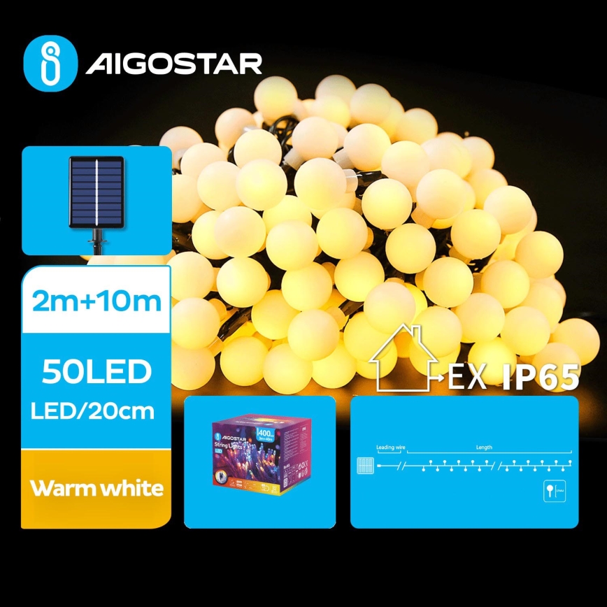 Aigostar - LED Solare catena decorativa 50xLED/8 funzioni 12m 800 mAh IP65 bianco caldo