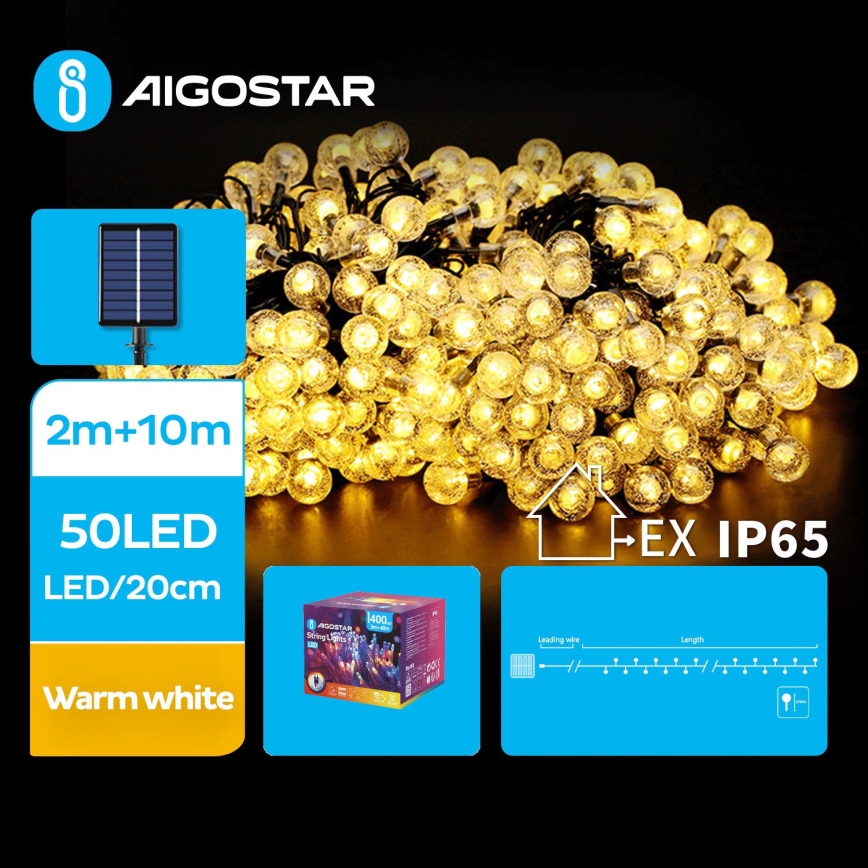 Aigostar - LED Solare catena decorativa 50xLED/8 funzioni 12m 800 mAh IP65 bianco caldo
