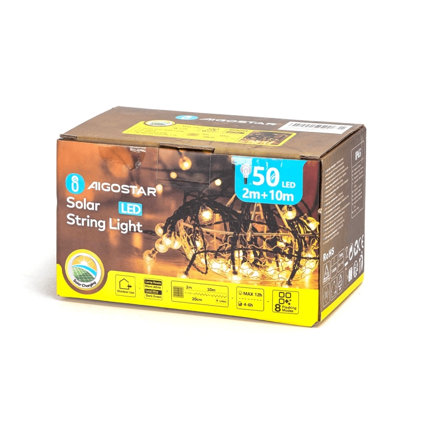 Aigostar - LED Solare catena decorativa 50xLED/8 funzioni 12m 800 mAh IP65 bianco caldo