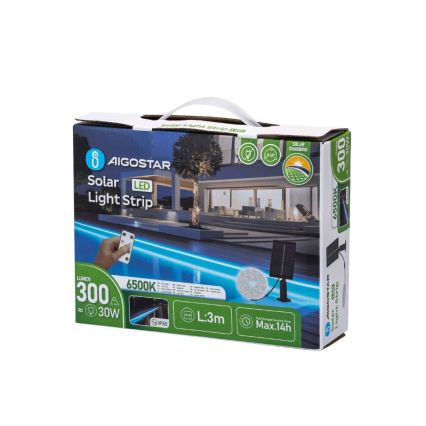 Aigostar - LED Striscia solare dimmerabile LED/1,6W/3,2V 3 m 1600 mAh 6500K IP65 + telecomando