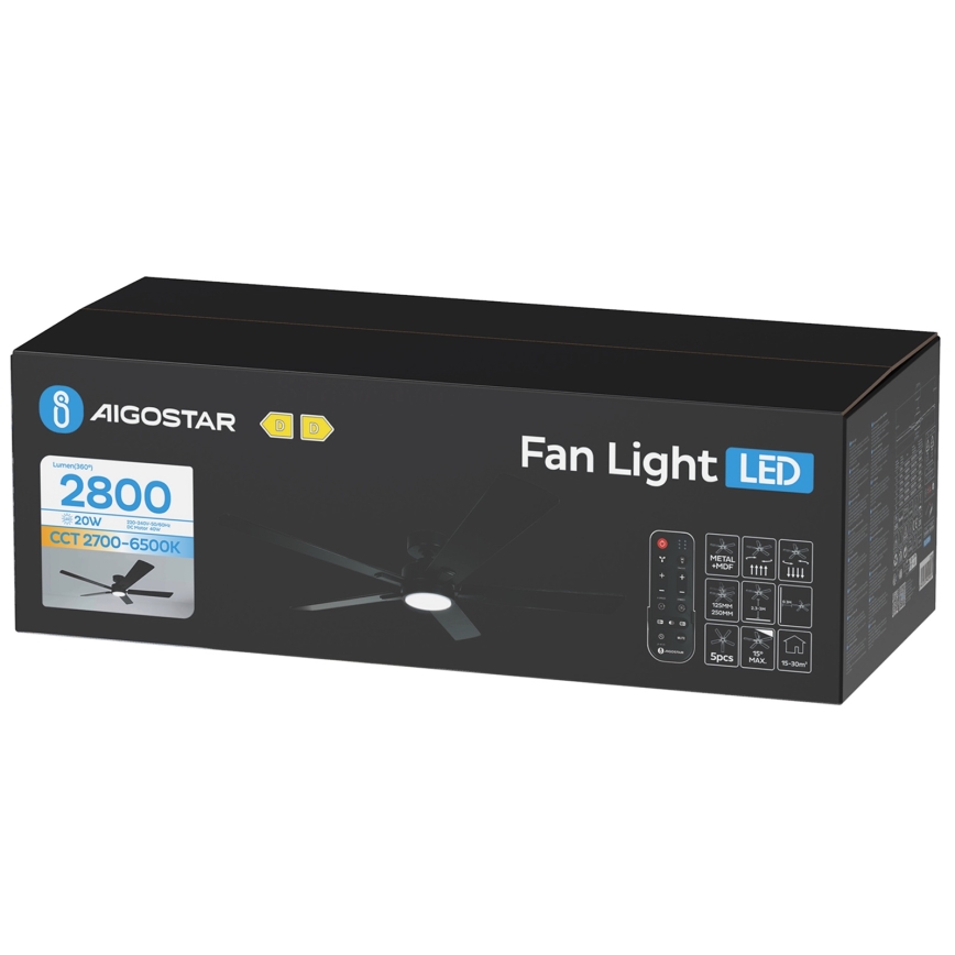 Aigostar - Ventilatore da soffitto dimmerabile a LED/20W/230V 2700-6500K 132cm nero + telecomando