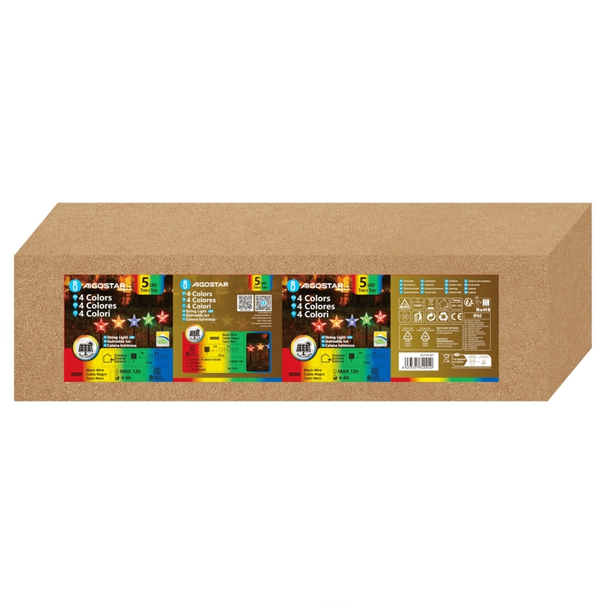 Aigostar - Lampada solare LED RGBY, 5x LED / 1,2 V / 8 funzioni / 1 m / IP65 / 800 mAh, effetto stelle