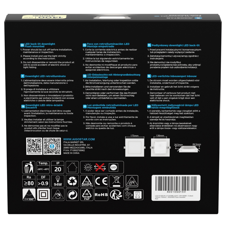 Aigostar - Pannello LED da incasso LED/12W/230V 4000K 17,5x17,5 cm bianco
