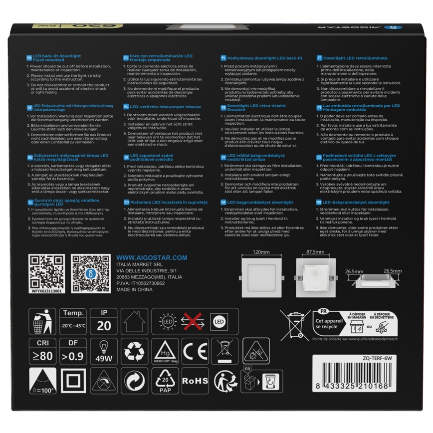 Aigostar - Plafoniera da incasso LED/6W/230V 4000K 12x12 cm bianca