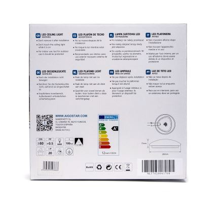 Aigostar - Plafoniera LED con sensore, 12W, 230V, 3000K, Ø 28 cm