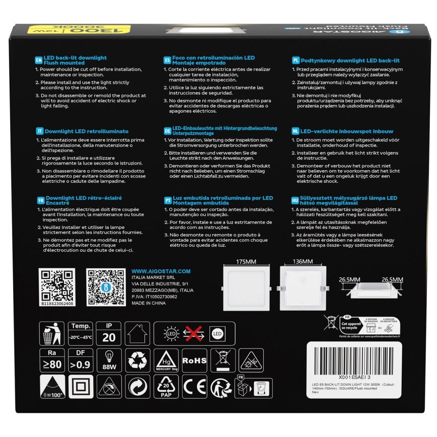 Aigostar - Plafoniera LED da incasso LED/12W/230V 3000K 17,5x17,5 cm bianca